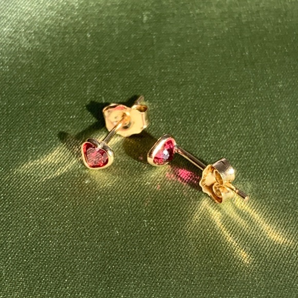 14k Gold Red Sapphire Heart Earrings - Picture 3 of 5